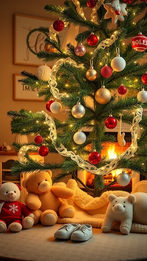 A Christmas tree with baby shoes and toys, representing the joy of a new baby during the holiday season.